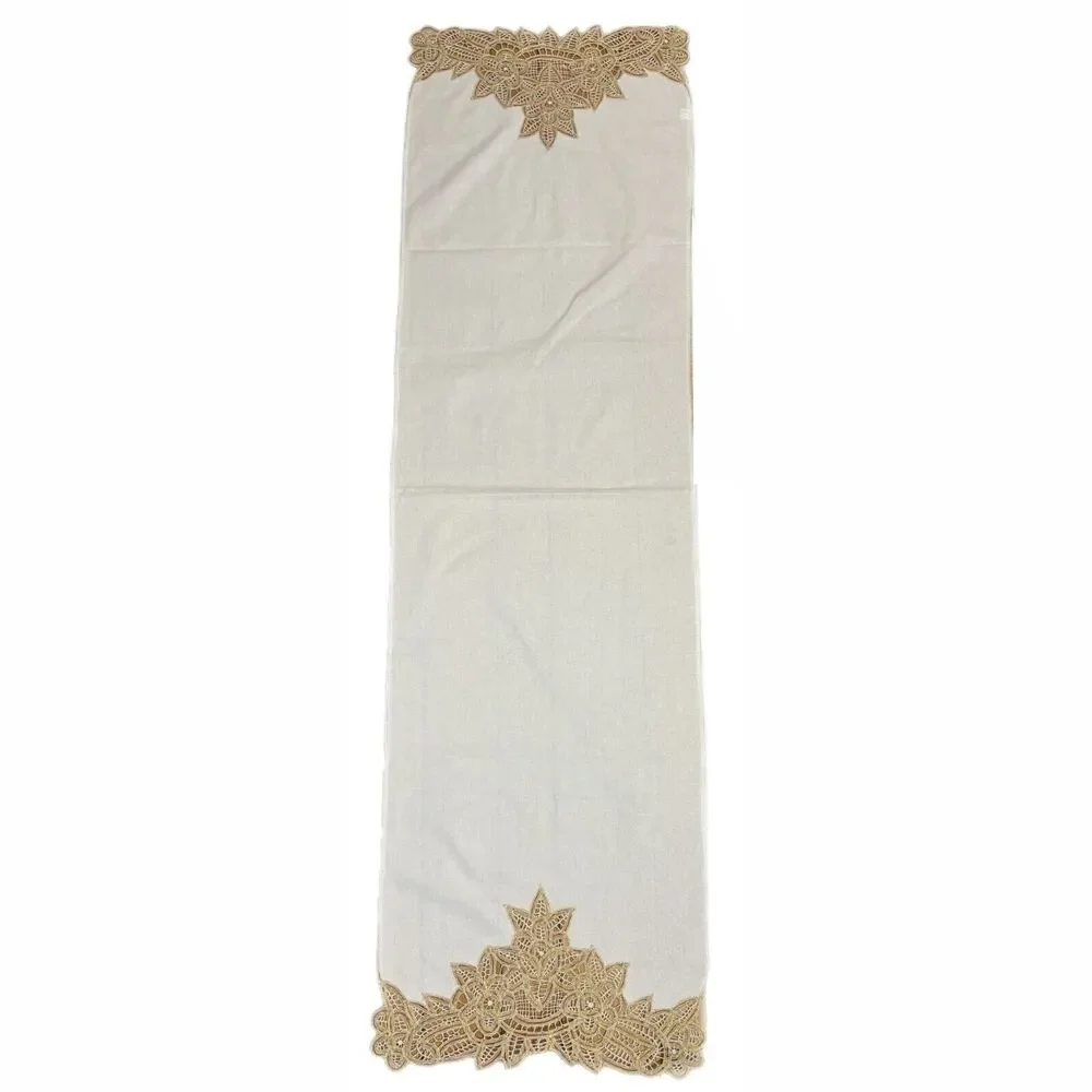 Holiday Gold Metallic Lace Table Runner Battenberg Floral 17x60